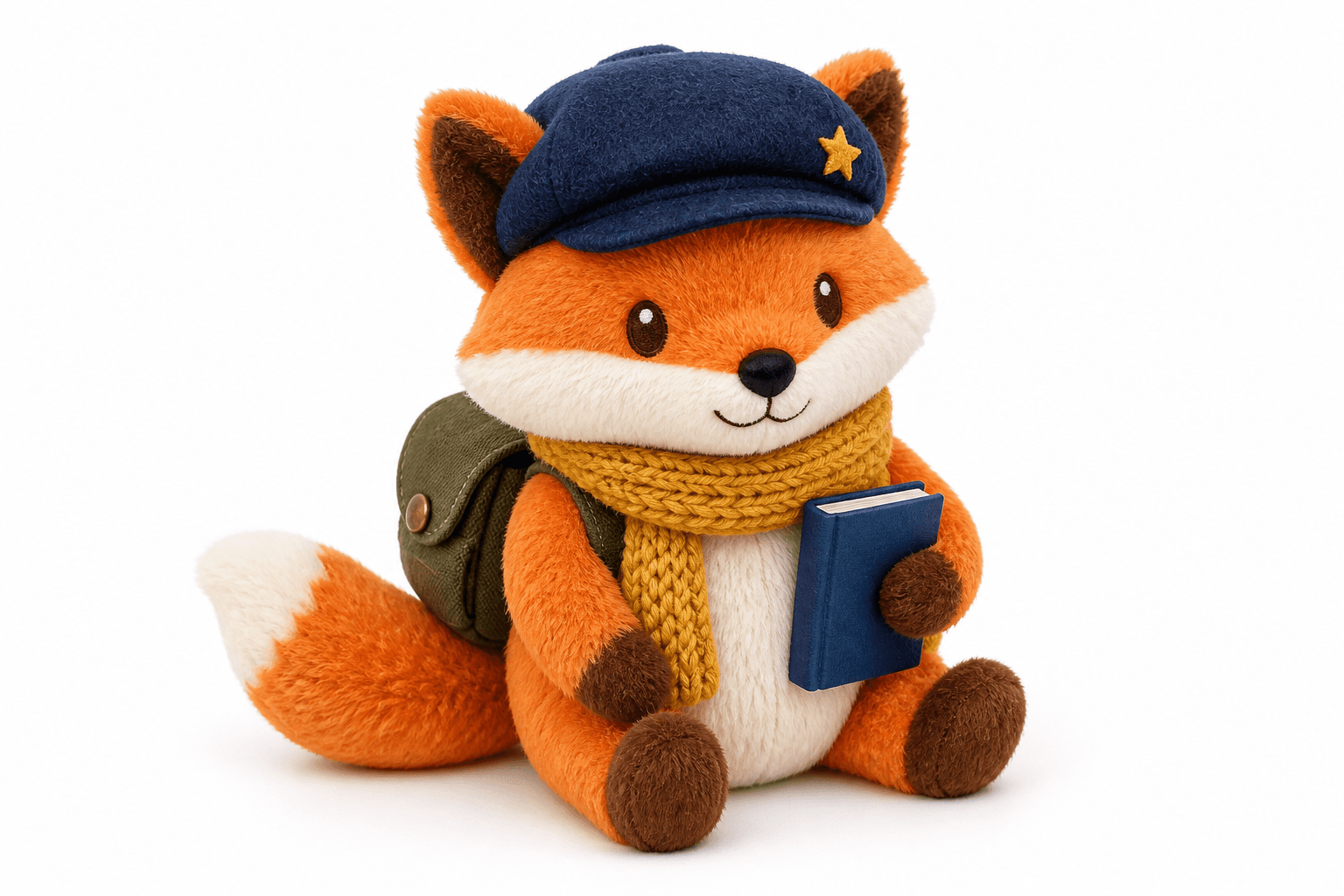 Pip Stuffie sitting on a white studio background, holding a tiny blue notebook
